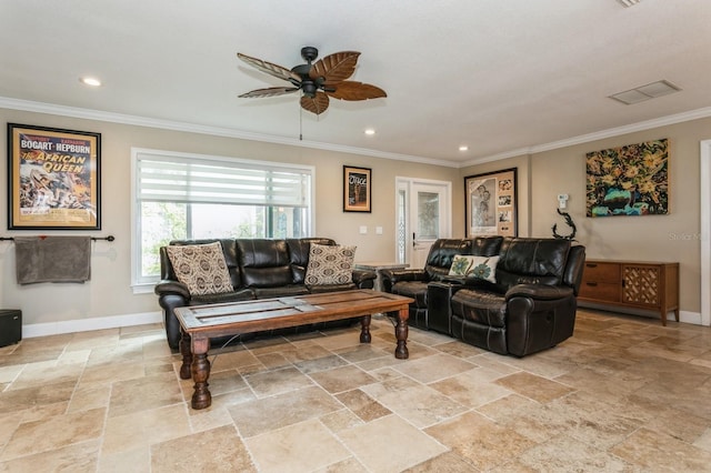 living room featuring ceiling fan and crown molding