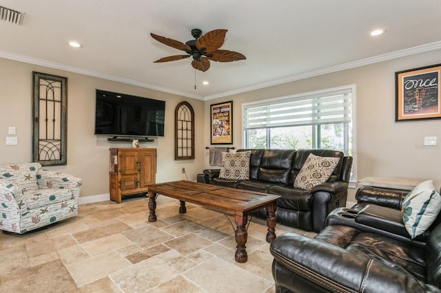 living room with ceiling fan and ornamental molding