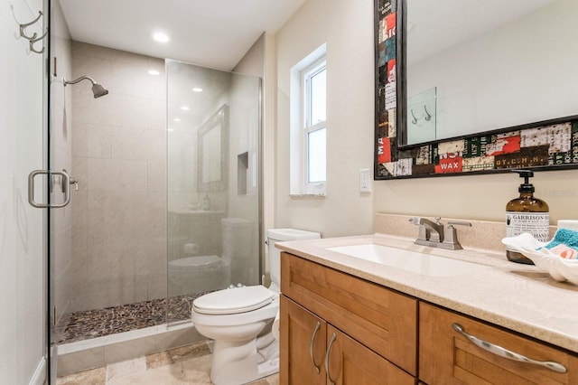 bathroom with vanity, toilet, and a shower with shower door