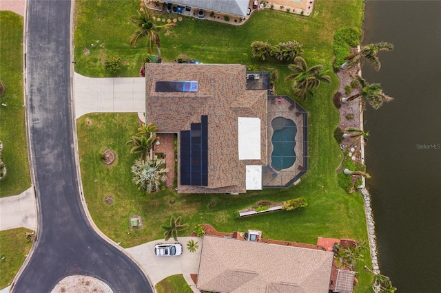 drone / aerial view featuring a water view