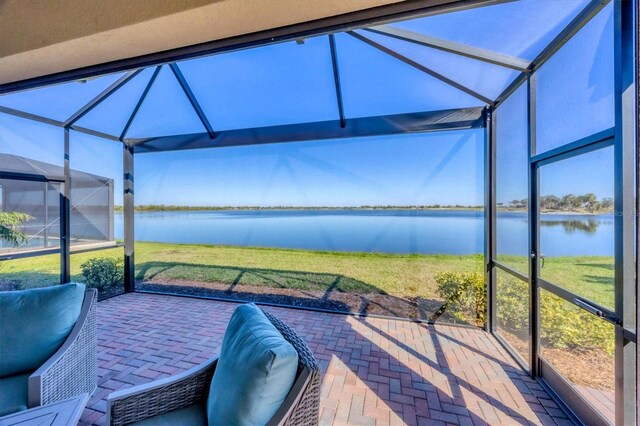 view of patio featuring a water view