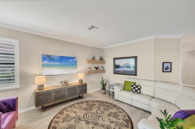 living room featuring a textured ceiling, crown molding, and light hardwood / wood-style flooring