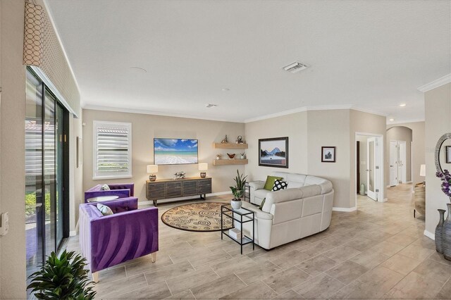 living room featuring crown molding