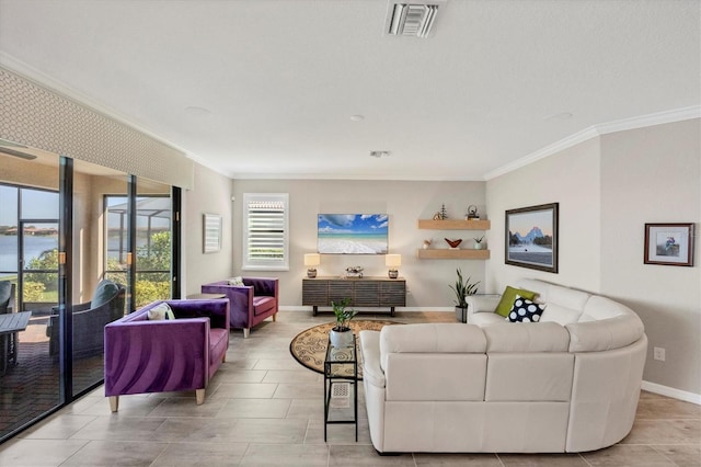 living room with ornamental molding