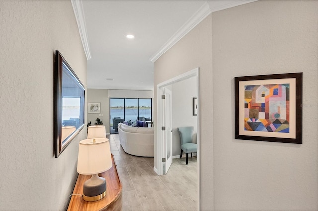 hall featuring light wood-type flooring and ornamental molding