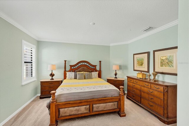 carpeted bedroom featuring a textured ceiling and ornamental molding