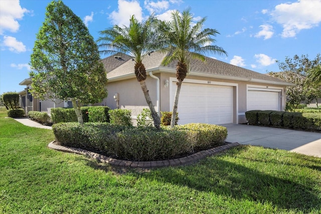 view of front of home featuring a front yard and a garage