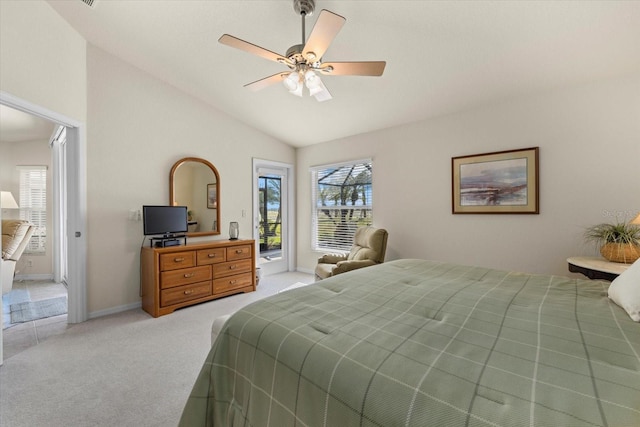 bedroom with ceiling fan, light colored carpet, lofted ceiling, and access to outside