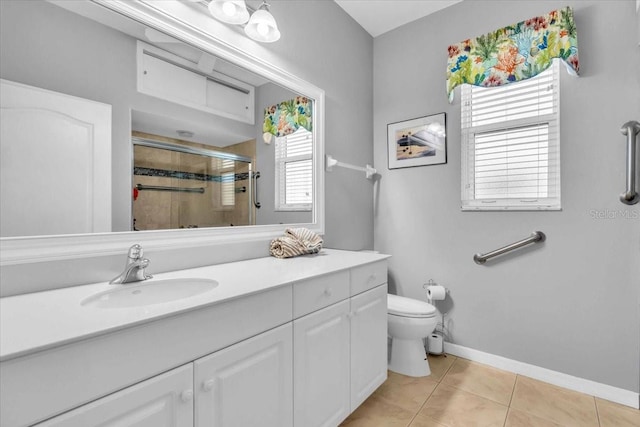 bathroom with tile patterned floors, vanity, toilet, and walk in shower