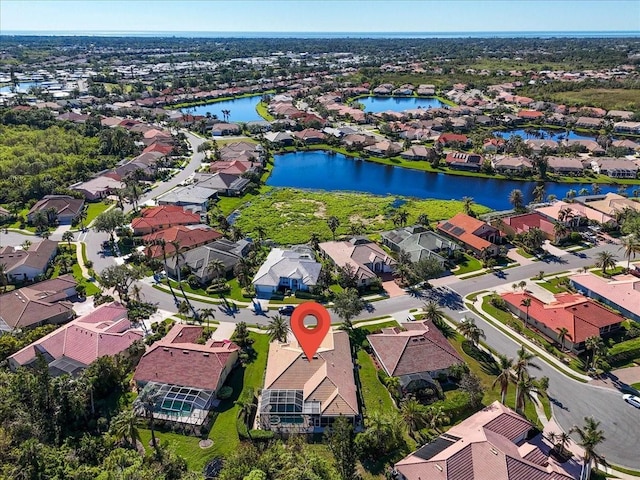 aerial view featuring a water view