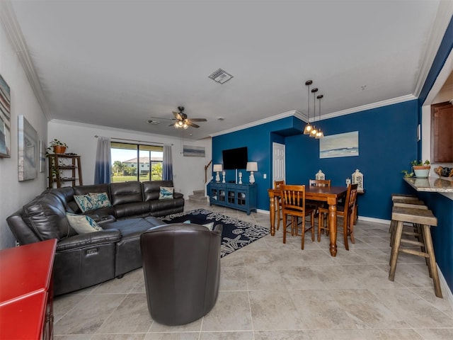 tiled living room featuring ceiling fan and crown molding