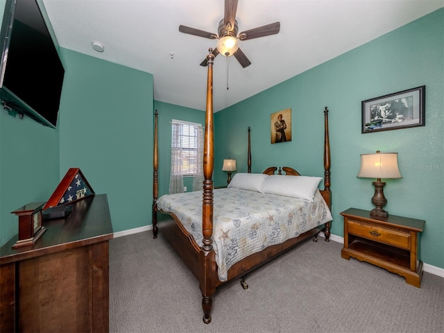 bedroom with ceiling fan and carpet