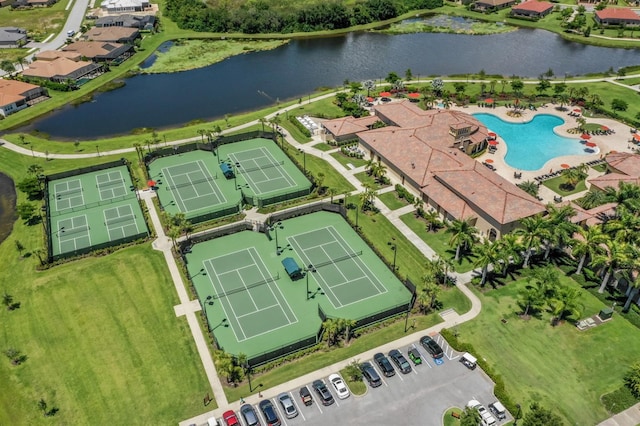 aerial view featuring a water view