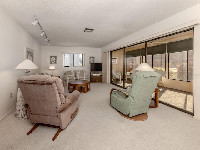 living room with carpet floors, a textured ceiling, and track lighting