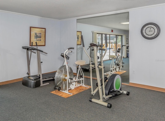 workout room featuring carpet floors and crown molding