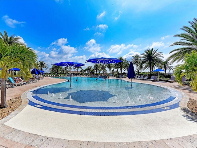 view of pool featuring pool water feature