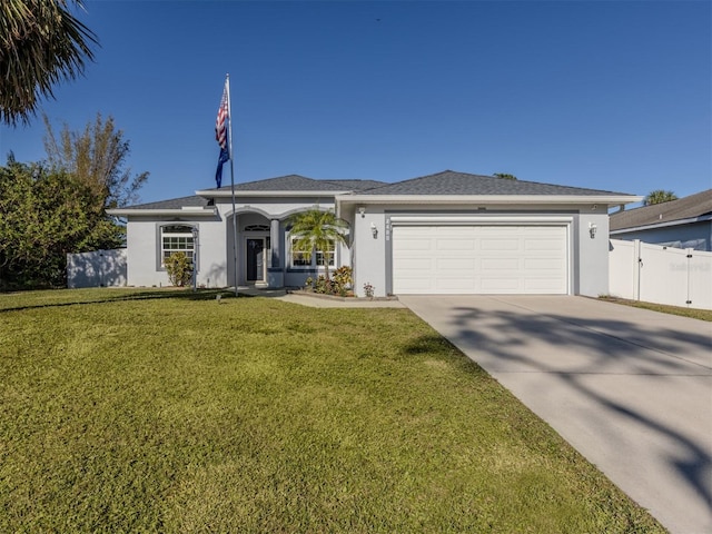 single story home with a front lawn and a garage