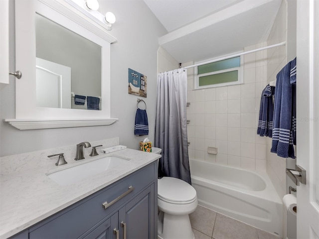 full bathroom featuring tile patterned flooring, vanity, shower / tub combo, and toilet