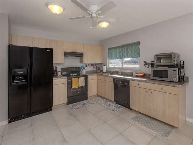 kitchen with ceiling fan, sink, black appliances, light brown cabinets, and light tile patterned floors