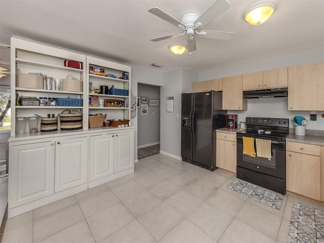 kitchen with ceiling fan, light brown cabinets, and black appliances