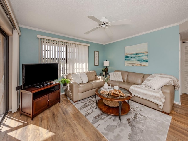 living room featuring ornamental molding, a textured ceiling, and light wood-type flooring