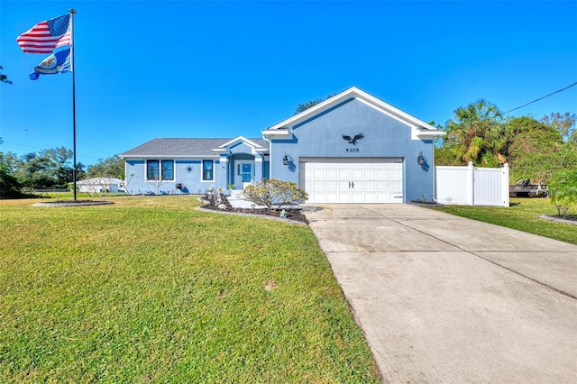 ranch-style house featuring a garage and a front lawn