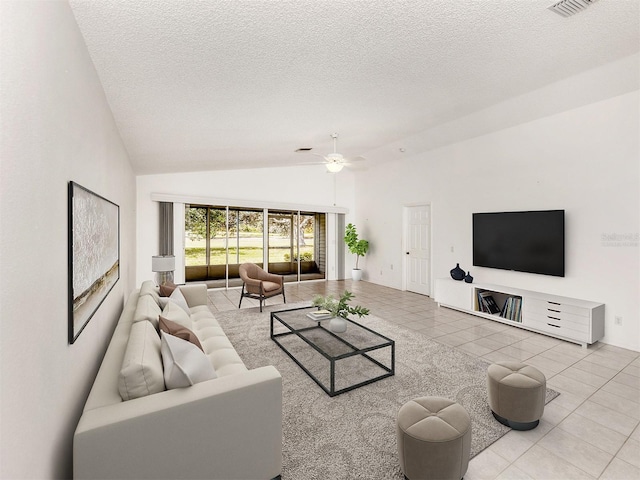 living room featuring tile patterned floors, ceiling fan, and high vaulted ceiling