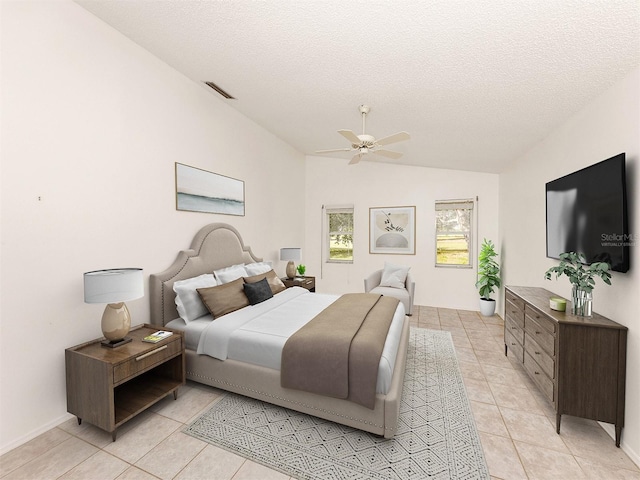 tiled bedroom with ceiling fan, lofted ceiling, and a textured ceiling