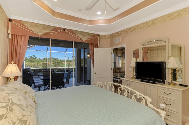 bedroom featuring access to outside, a raised ceiling, ceiling fan, and ornamental molding