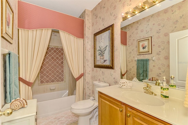 full bathroom featuring tile patterned floors, vanity, toilet, and shower / bath combo