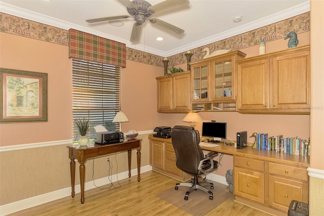 office space with ceiling fan, light wood-type flooring, and crown molding