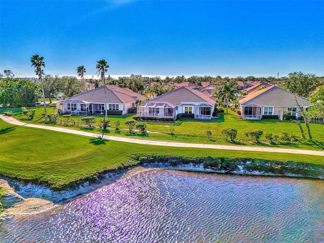 aerial view featuring a water view