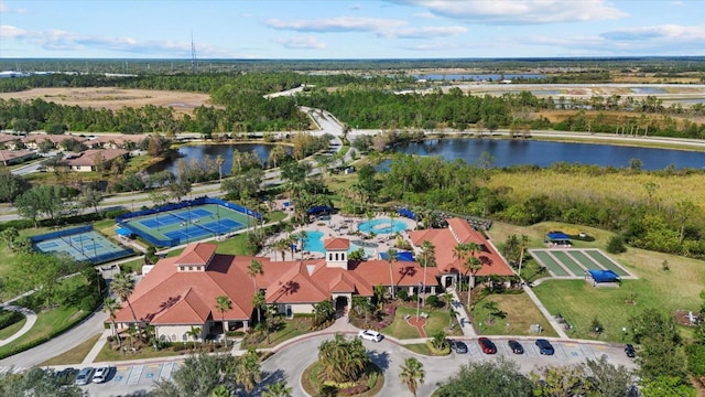 drone / aerial view with a water view