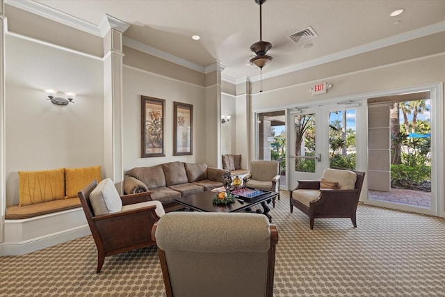 living room featuring light carpet, french doors, ceiling fan, and ornamental molding