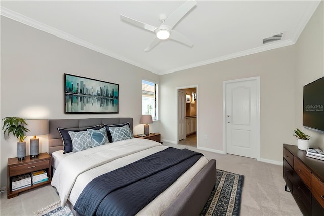 bedroom featuring visible vents, ornamental molding, baseboards, light colored carpet, and ceiling fan