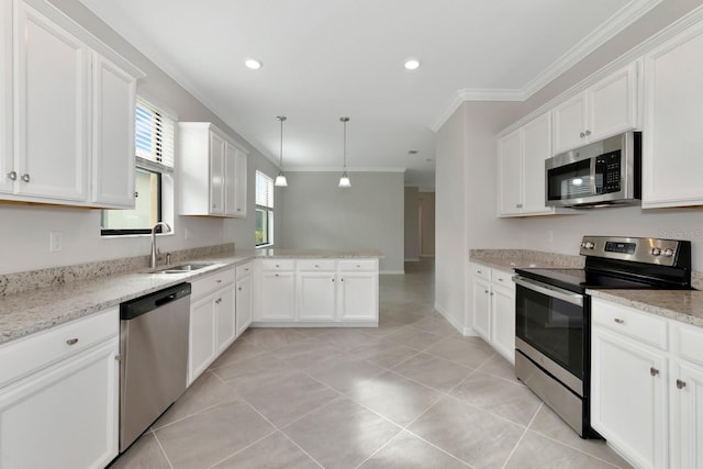 kitchen with ornamental molding, a sink, a peninsula, appliances with stainless steel finishes, and white cabinets