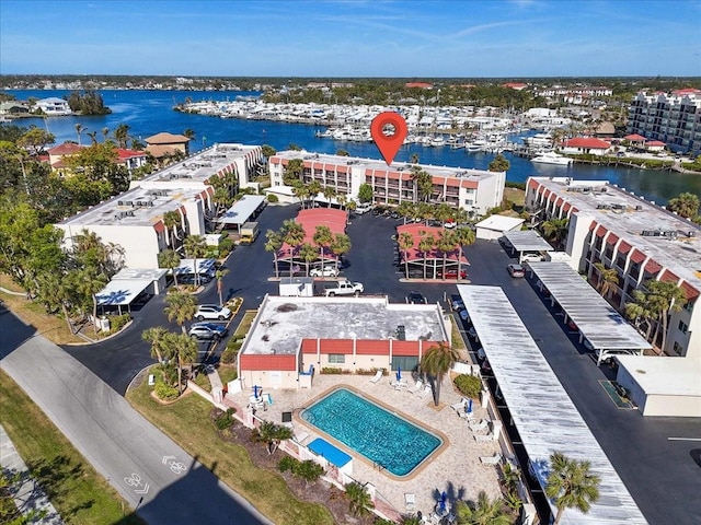 aerial view featuring a water view