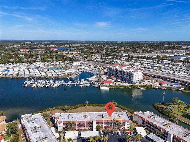 drone / aerial view featuring a water view