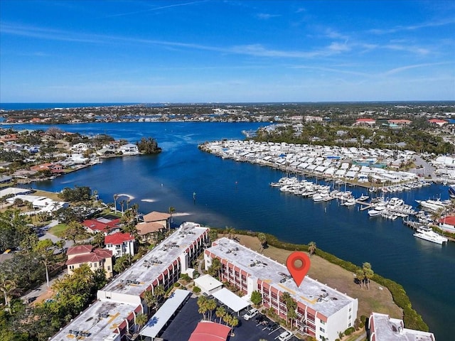 drone / aerial view featuring a water view