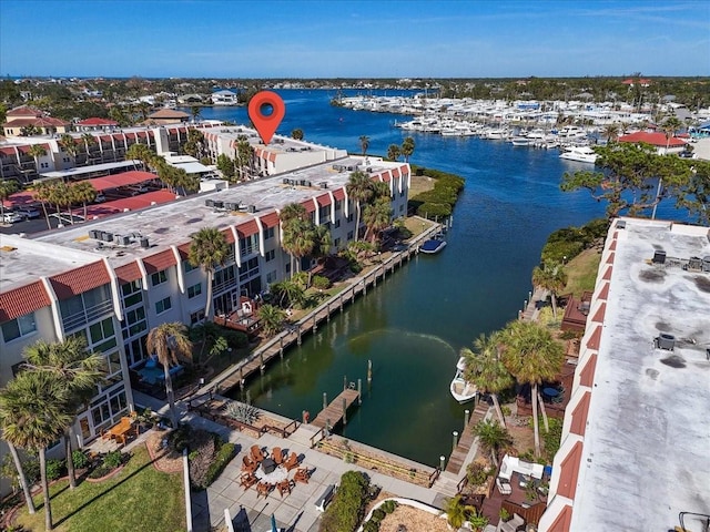 drone / aerial view featuring a water view