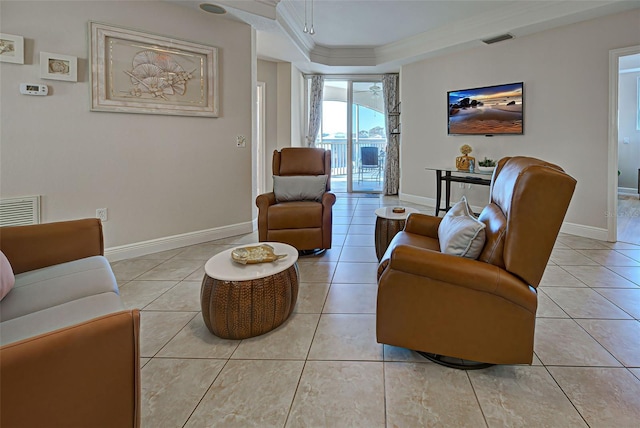 tiled living room with crown molding