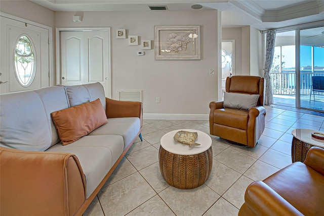 tiled living room with crown molding