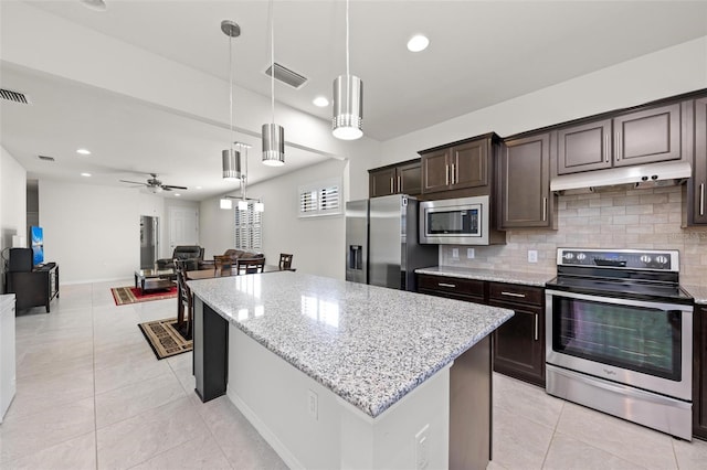 kitchen featuring tasteful backsplash, dark brown cabinetry, stainless steel appliances, ceiling fan, and pendant lighting