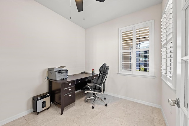 office area with ceiling fan