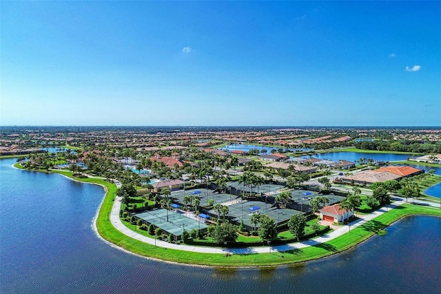 drone / aerial view featuring a water view