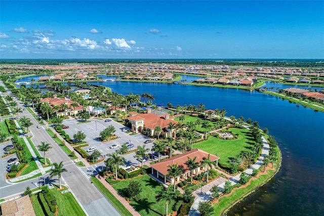 drone / aerial view with a water view