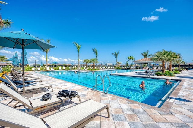 view of swimming pool featuring a patio area