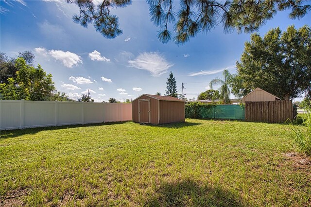 view of yard with a storage shed