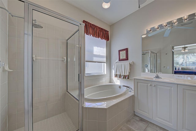 bathroom featuring separate shower and tub, tile patterned flooring, ceiling fan, and vanity