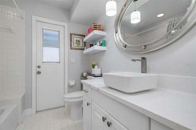 full bathroom with tile patterned flooring, vanity, toilet, and shower / bathtub combination